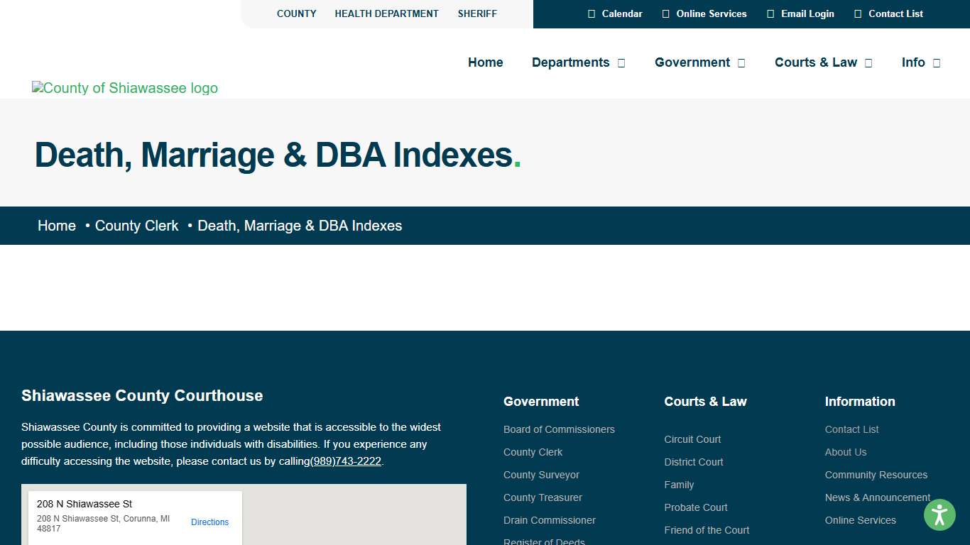 Death, Marriage & DBA Indexes – Shiawassee County